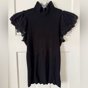 Rebecca Taylor stretch knit blouse butterfly shortsleeved lace mock neck